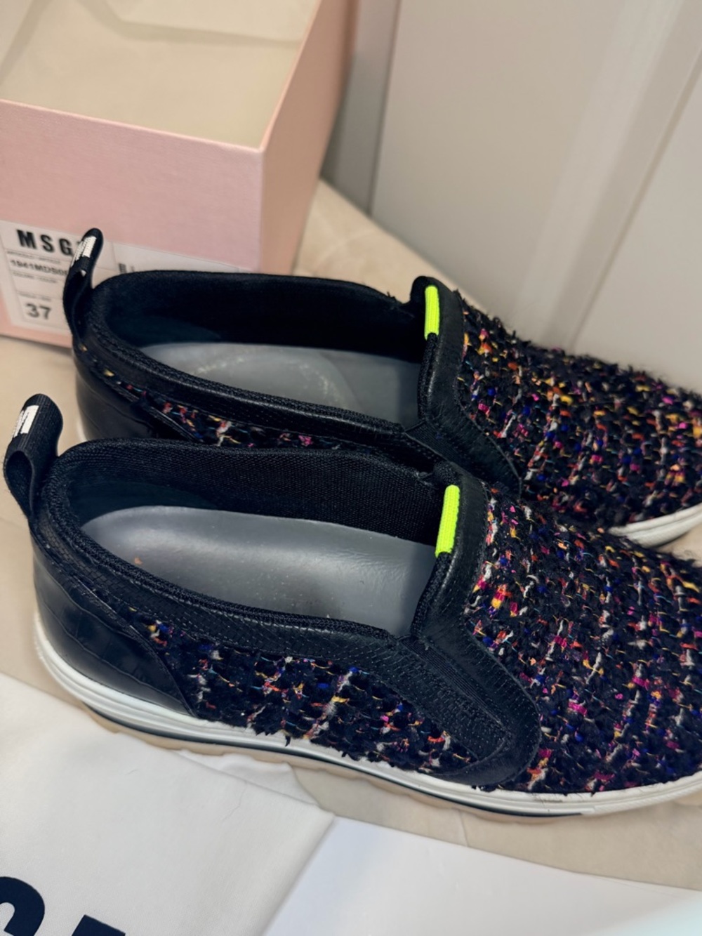 MSGM Black Multicolor Tweed Slip-On Sneakers with Neon Tab